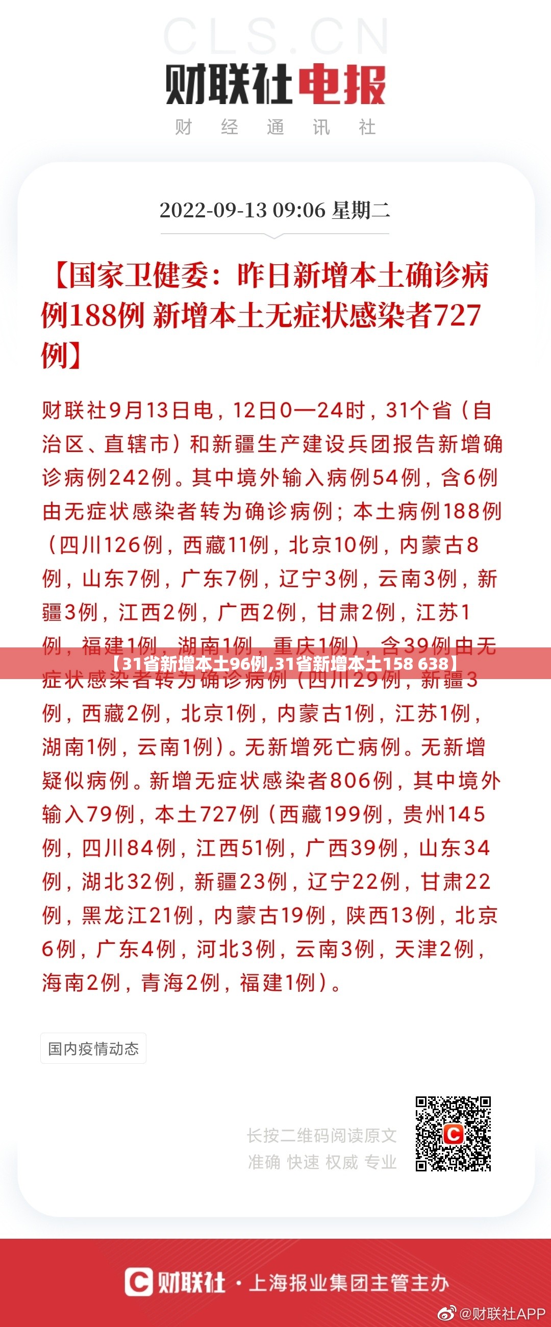 【31省新增本土96例,31省新增本土158 638】