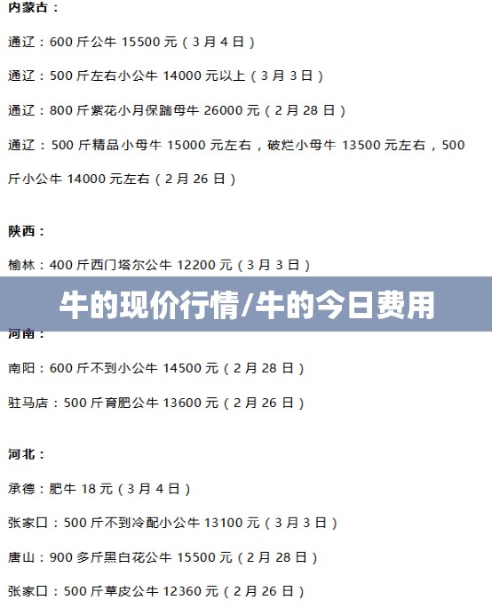 牛的现价行情/牛的今日费用